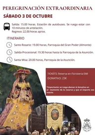 Cartel con detalles de la peregrinación extraordinaria a Almonte el 3 de octubre de 2026, con horarios, donativo y reserva en Floristería EMI, junto a imágenes de la Virgen del Rocío y el simpecado en procesión