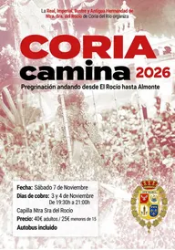Cartel con texto rojo y negro sobre fondo de procesión religiosa que anuncia la peregrinación Coria Camina 2026 el 7 de noviembre con detalles de inscripción y precios