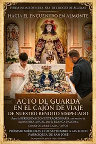 Dos hombres preparan con cuidado el Simpecado en un altar adornado con flores y la imagen de la Virgen del Rocío al fondo en una iglesia