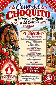 Cartel colorido con un caballo adornado y el menú de la Cena del Choquito en la Feria de Otoño y del Caballo de Huelva el 8 de octubre a las 21:30 horas