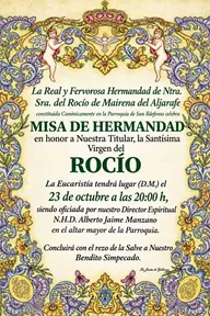 Cartel decorativo con motivos florales y ángeles que anuncia la misa de hermandad en honor a la Virgen del Rocío el 23 de octubre a las 20:00 horas en la parroquia de San Ildefonso