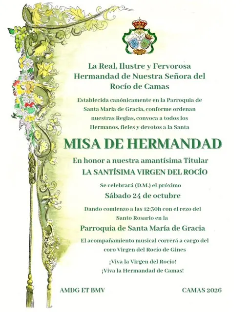 Invitación con bordes florales y escudo en la parte superior que anuncia misa de hermandad el 24 de octubre en la parroquia de Santa María de Gracia en honor a la Virgen del Rocío