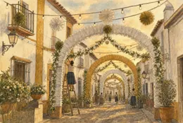 Ilustración de el pueblo y la aldea se engalanan: decoración, arcos y participación vecinal