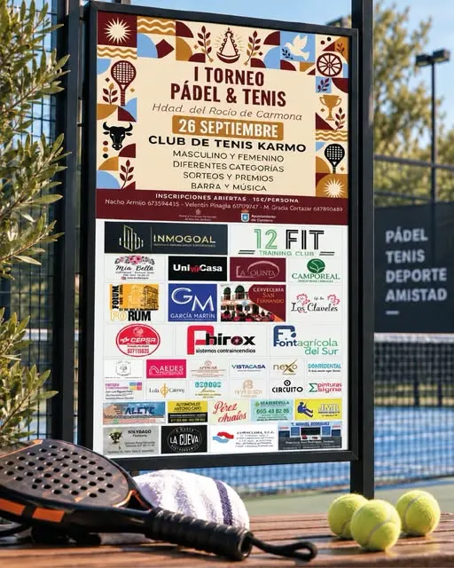 Cartel con información del I Torneo Pádel & Tenis de la Hermandad del Rocío de Carmona con fecha, lugar, categorías y patrocinadores junto a raqueta y pelotas