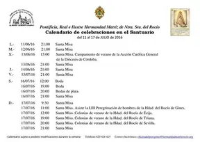 Calendario celebraciones en el santuario 11-17 julio