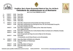 Calendario de Celebraciones en el santuario del Rocío del 13 al 19 de febrero de 2017