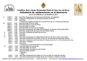 Calendario de Celebraciones en el Santuario del Rocío del 26 al 5 de marzo de 2017