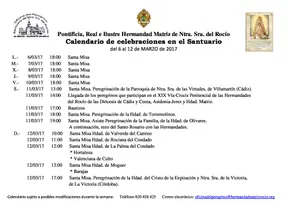Calendario de celebraciones en el Santuario del Rocío del 6 al 12 de marzo de 2017