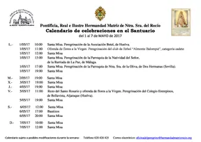 Calendario de celebraciones en el Santuario del Rocío del 1 al 7 de mayo de 2017