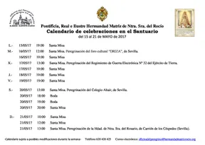 Calendario de Celebraciones en el Santuario del Rocío del 15 al 21 de mayo de 2017