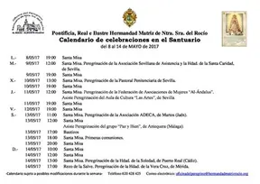 Calendario de celebraciones en el Santuario del Rocío del 6 al 14 de mayo de 2017