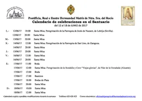 Calendario de Celebraciones en el Santuario del Rocío del 12 al 18 de junio de 2017