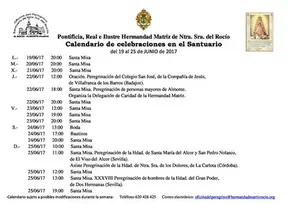 Calendario de Celebraciones en el Santuario del Rocío del 19 a 25 de junio de 2017