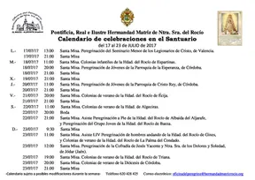 Calendario de Celebraciones en el Santuario del Rocío del 17 al 23 de jukio de 2017