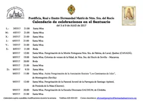 Calendario de Celebraciones en el Santuario dle Rocío del 3 al 9 de julio de 2017