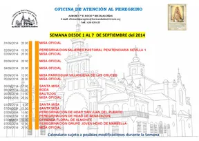 Calendario de Celebraciones en el Santuario del Rocío del 1 al 7 de septiembre de 2017