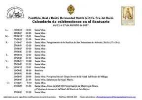 Calendario de Celebraciones en el Santuario del Rocío del 21 al 27 de agosto de 2017