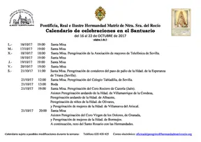 Calendario de Celebraciones en el Santuario del Rocío del 16 al 22 de octubre de 2017