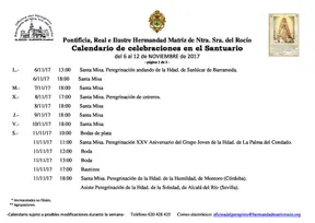 Calendario de Celebraciones en el Santuario del Rocío del 6 al 12 de noviembre de 2017-1