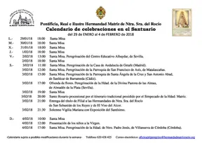 Calendario de Celebraciones en el Santuario del Rocio del 29 de enero al 4 de febrero de 2018