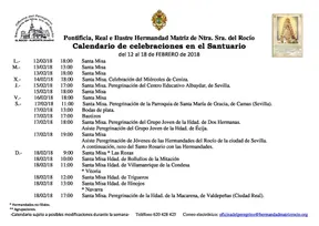 Calendario de Celebraciones en el Santuario del Rocio del 12 al 18 de febrero de 2018