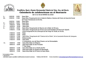 Calendario de Celebraciones en el Santuario del Rocio del 12 al 18 de marzo de 2018