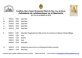Calendario de Celebraciones en el Santuario del Rocio del 19 al 26 de marzo de 2018