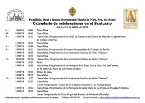 Calendario de Celebraciones en el Santuario del Rocio del 9 al 15 de abril de 2018