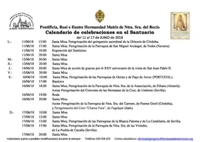 Calendario de Celebraciones en el Santuario del Rocio del 11 al 17 de junio de 2018