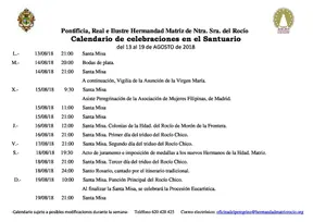 Calendario de Celebraciones en el Santuario del Rocio del 13 al 19 de agosto de 2018