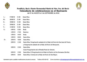 Calendario de Celebraciones en el Santuario del Rocio del 27 de septiembre al 2 de agosto de 2018