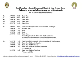 Calendario de Celebraciones en el Santuario del Rocio del 10 al 16 de septiembre de 2018