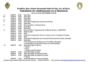 Calendario de Celebraciones en el Santuario del Rocio del 24 al 30 de septiembre de 2018