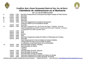 Calendario de Celebraciones en el Santuario del Rocio del 1 al 7 de octubre de 2018