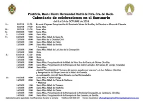 Calendario de Celebraciones en el Santuario del Rocio del 8 al 14 de octubre de 2018