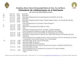 Calendario de Celebraciones en el Santuario del Rocio del 19 al 25 de noviembre de 2018