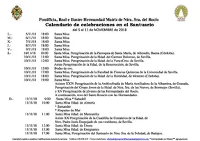 Calendario de Celebraciones en el Santuario del Rocio del 5 al 11 de noviembre de 2018