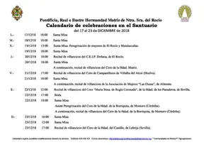 Calendario de Celebraciones en el Santuario del Rocio del 17 al 23 de diciembre de 2018