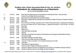 Calendario de Celebraciones en el Santuario del Rocio del 24 al 30 de diciembre de 2018