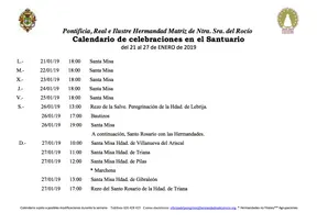 Calendario de Celebraciones en el Santuario del Rocio del 21 al 27 de enero de 2019