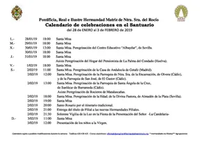 Calendario de Celebraciones en el santuario del Rocio del 28 de enero al 3 de febrero de 2019
