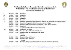 Calendario de Celebraciones en el Santuario del Rocio del 11 al 17 de febrero de 2019