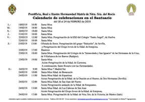 Calendario de Celebraciones en el Santyuario del Rocio del 28 al 24 de febrero de 2019