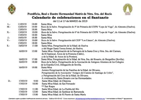 Calendario de Celebraciones en el Santuario del Rocio del 11 al 17 de marzo de 2019
