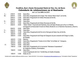 Calendario de Celebraciones en el Santuario del Rocio del 1 al 7 de abril de 2019