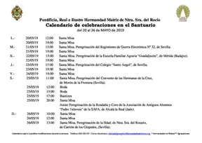 Calendario de Celebraciones en el Santuario del Rocio del 20 al 26 de mayo de 2019