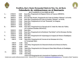 Calendario de Celebraciones en el Santuario del Rocio del 27 de mayo al 2 de junio de 2019