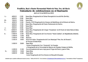 Calendario de Celebraciones en el Santuario del Rocio del 6 al 12 de mayo de 2019