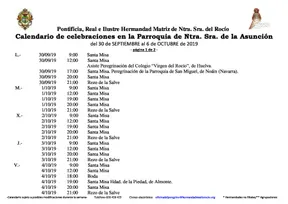 Calendario de Celebraciones en la Parroquia de la Asunción del 30 de septiembre al 6 de octubre