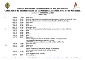Calendario de Celebraciones en la Parroquia de la Asuncion del 2 al 8 de septiembre de 2019-2